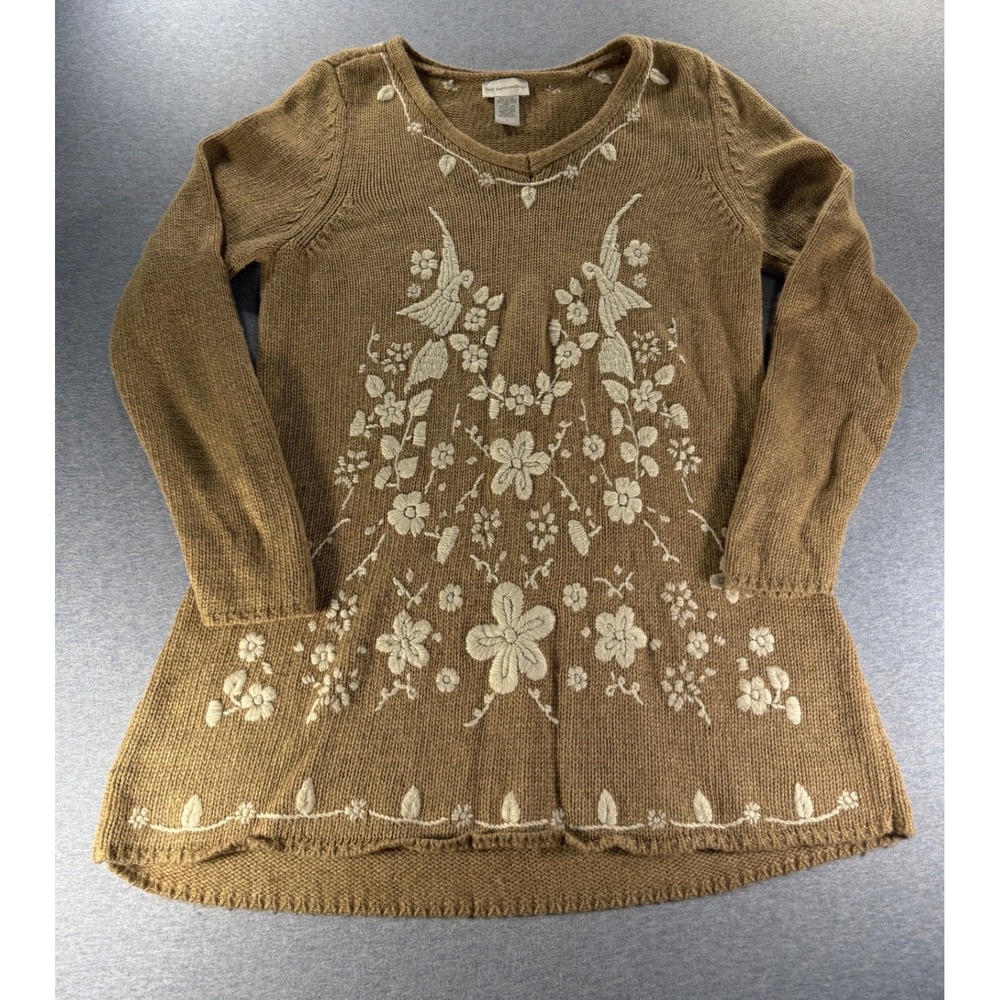 Soft Surroundings Vintage Embroidered Bird Floral Tunic Sweater Tan Angora Large